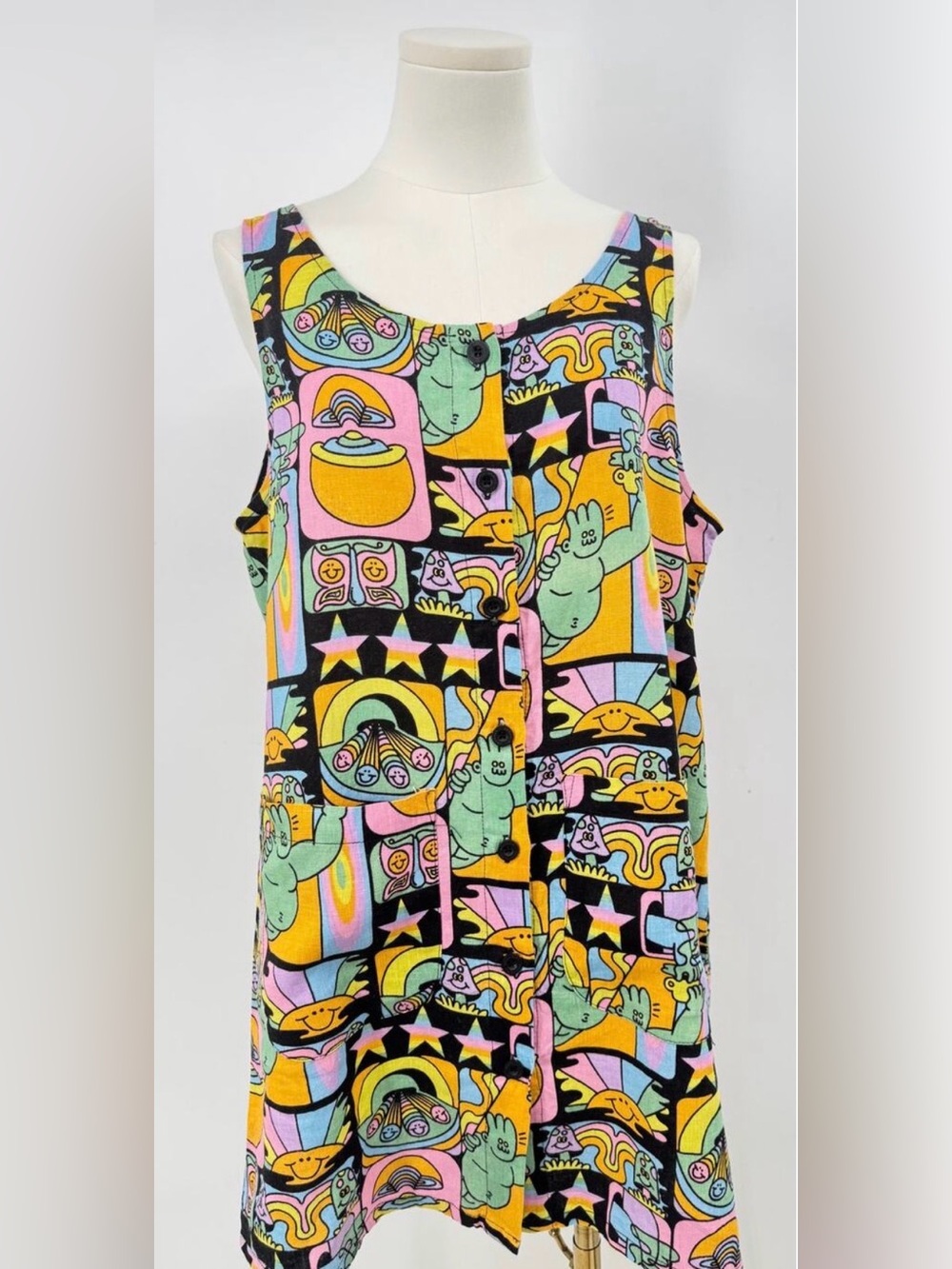 Nooworks Dreyfus 100% Linen Dress Black Rainbow Mushroom Tank Whimsical L